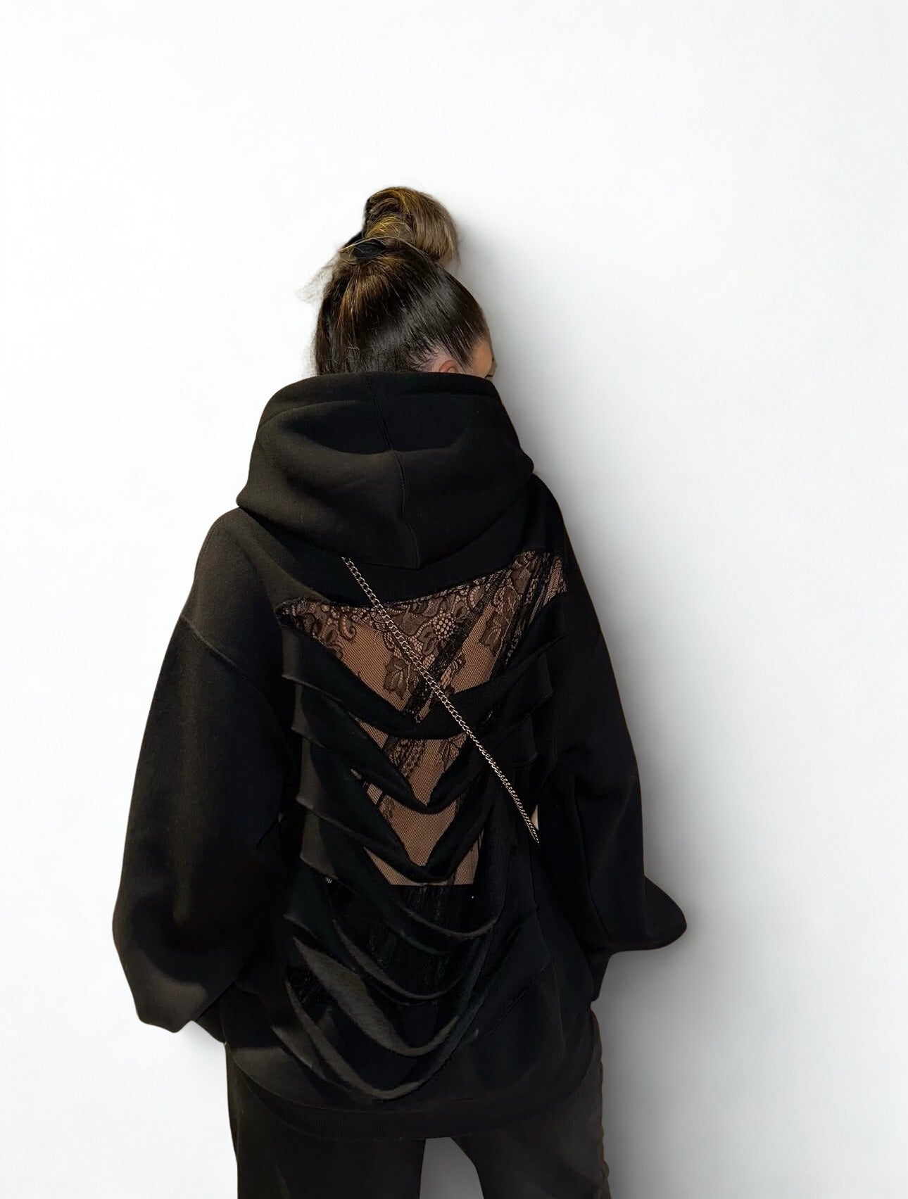 Eipped Lace Hoodie Black